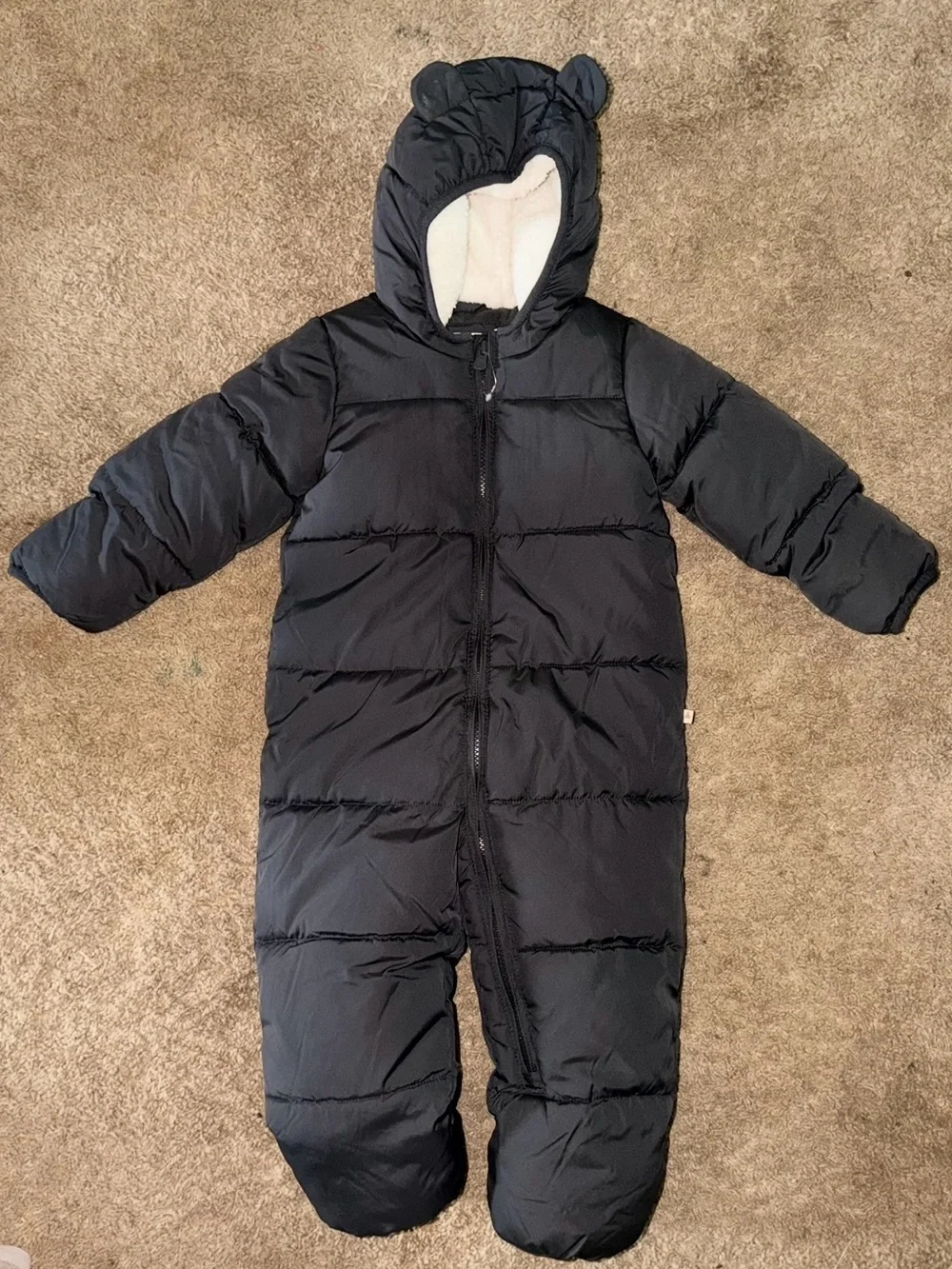 GAP Black Puffer Hooded One-Piece Footie with Ear Details